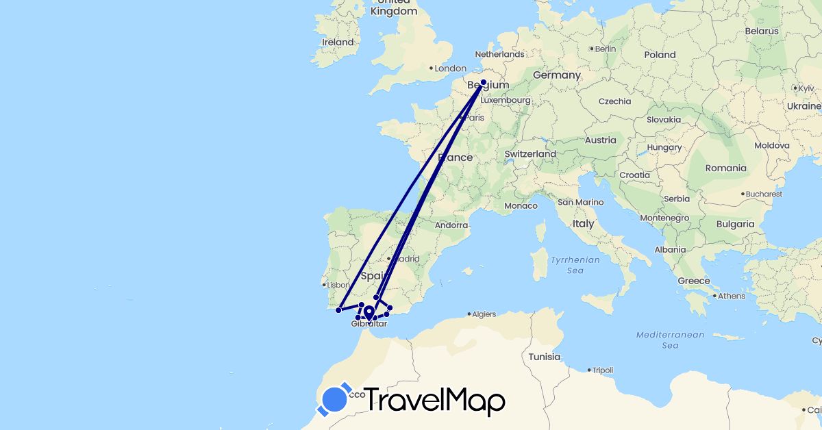 TravelMap itinerary: driving in Belgium, Spain, Gibraltar, Portugal (Europe)